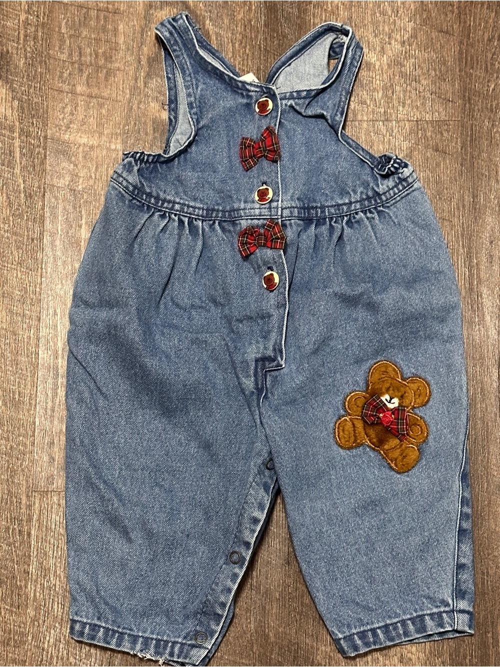 Vintage Baby Girl Denim 100% Cotton Gingham Teddy Bear Overalls 6-9 Months